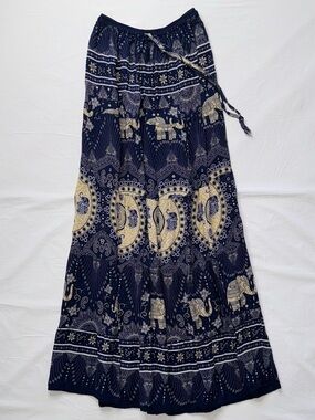 Boho Maxi Skirt in Navy with Ivory Elephant Print